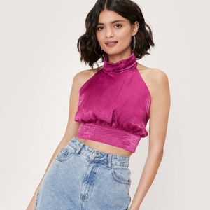 Nasty Gal Backless Tie Halter Satin Crop Top Size 6 NEVER WORN